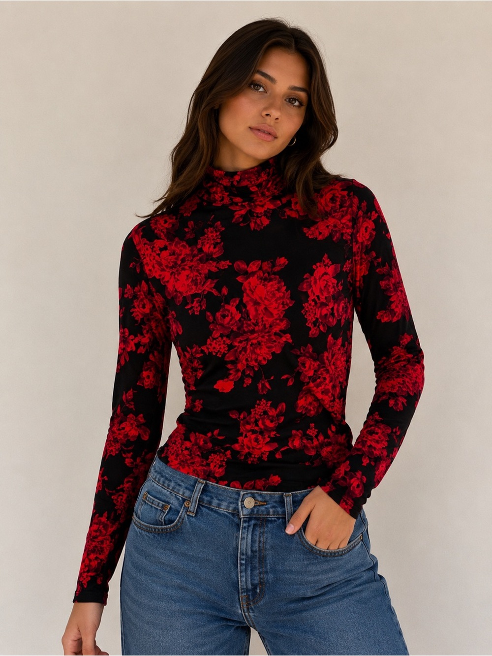 NWT Diana‎ Belle Red Floral Mock Neck Top - Small